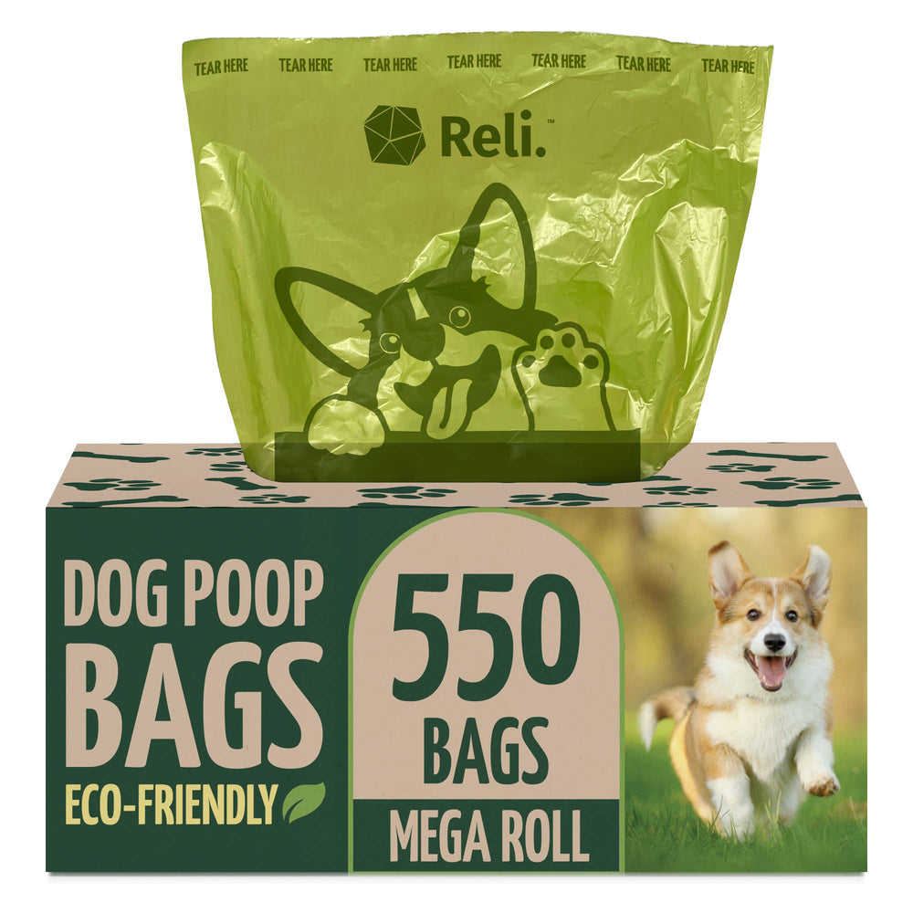 Reli biodegradable dog poop bags in a dispenser box for quick, mess-free cleanup.