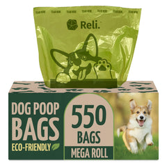 Reli biodegradable dog poop bags in a dispenser box for quick, mess-free cleanup.