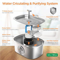 Rellaty cat water fountain stainless-steel side view highlights durable, easy-clean surface design.