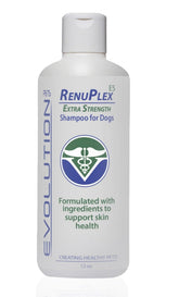 RenuPlex Extra Strength Dog Shampoo bottle showcases a soothing skin care solution for dogs.