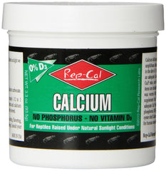 Rep-Cal 52298 calcium powder in a white bottle for reptiles and amphibians.