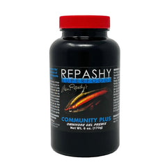 Repashy Community Plus 6oz jar front shows nutrient-rich gel for omnivorous freshwater fish