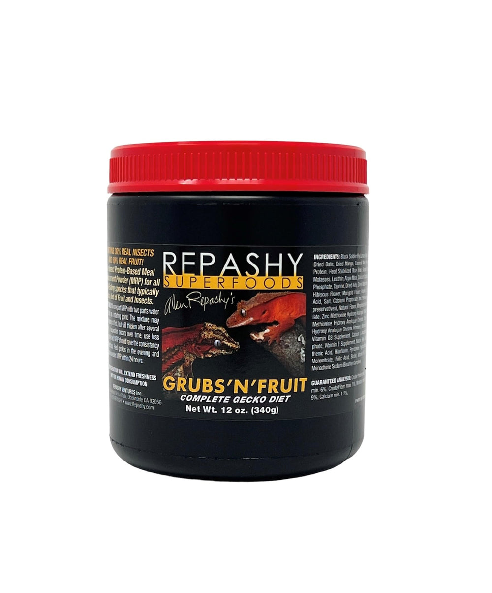 Repashy Grubs 'N' Fruit Diet jar showing real insects for balanced fruit-eating gecko nutrition