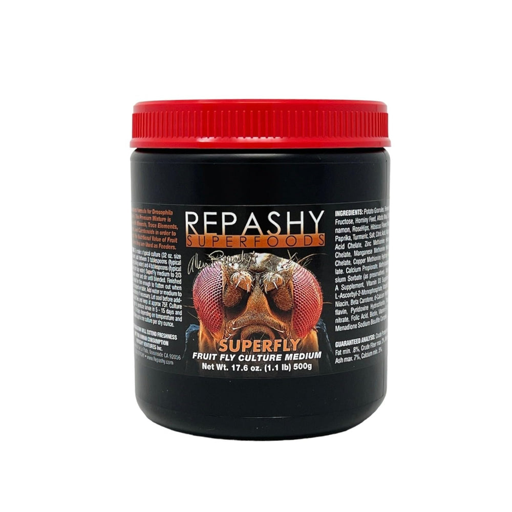 Repashy SuperFoods SuperFly culture media jar for Drosophila culture, supports instant, nutritious feeders.