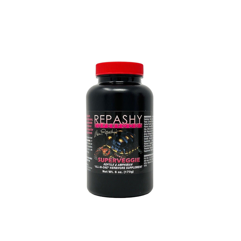 Repashy SuperVeggie jar front view for balanced herbivore nutrition when feeding greens.