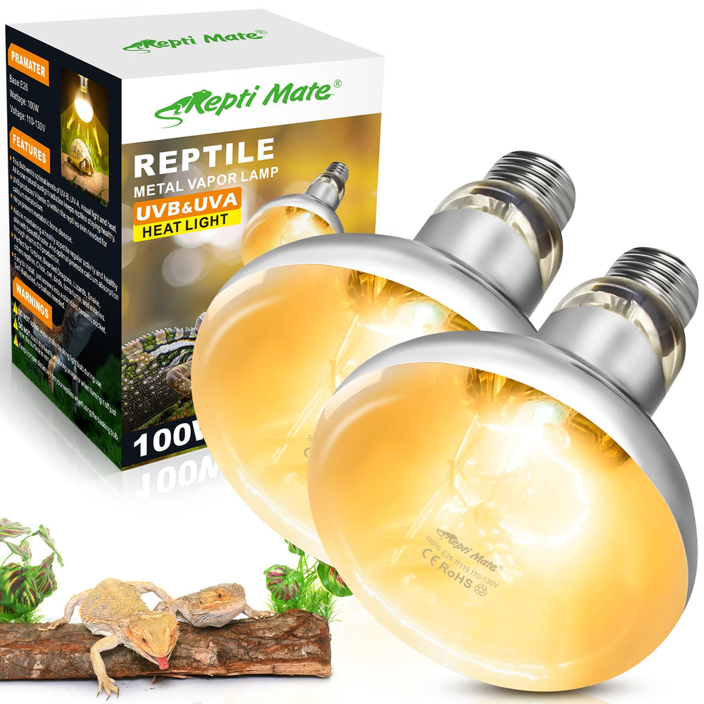 REPTI MATE 2Pack 100W reptile heat lamp bulbs for basking warmth in terrariums.