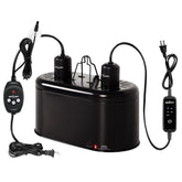 REPTI ZOO dual reptile light fixture setup shows coordinated lighting and heating controls.