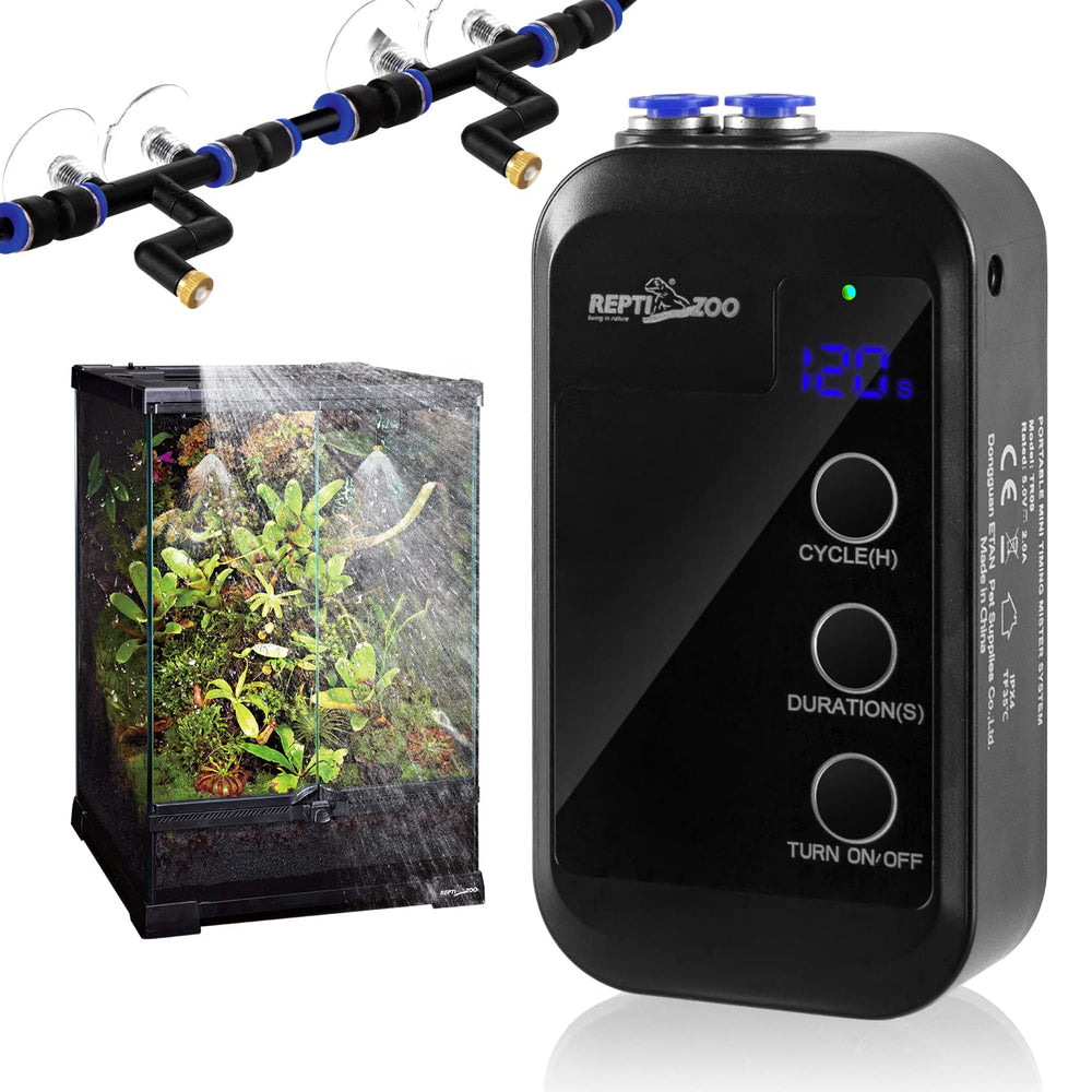 REPTI ZOO mini misting system exterior demonstrates compact design for easy terrarium placement and humidity control.