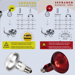ReptiKing infrared basking spot lamp 75W provides steady warmth for daytime comfort.