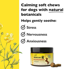 RESCUE Pet Chews for Dogs apple flavor close-up highlights natural calming ingredients.