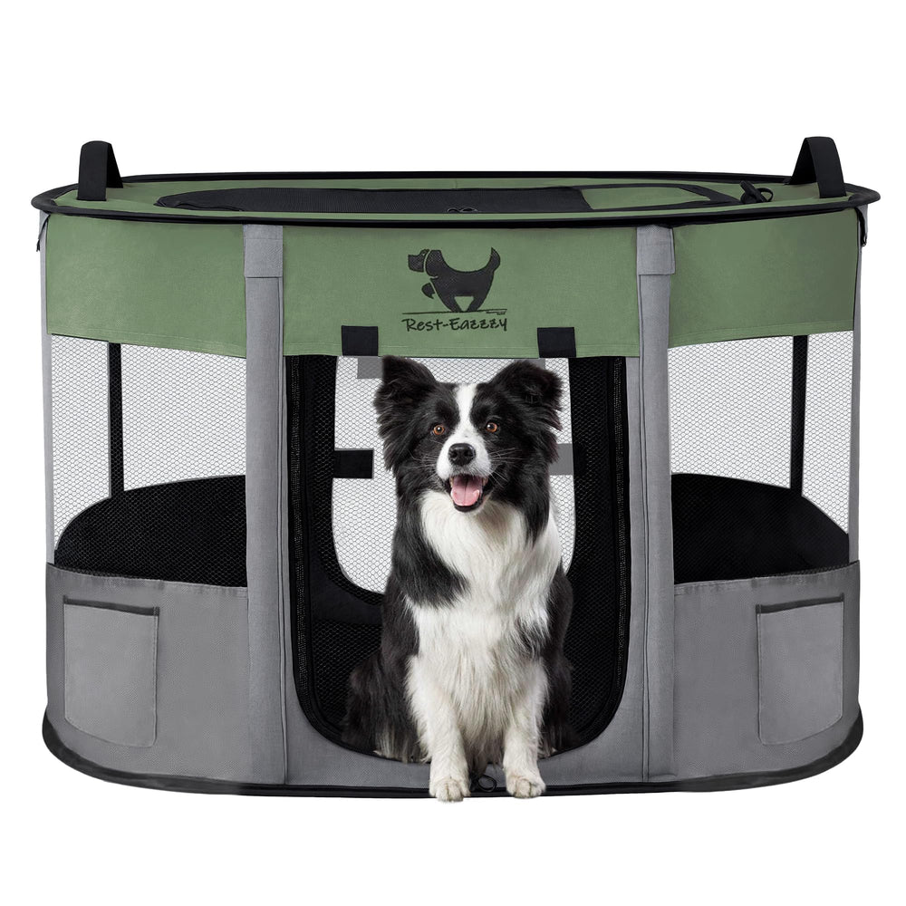 Rest-Eazzzy dog playpen front view highlights quick setup and sturdy design for outdoors.