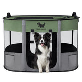 Rest-Eazzzy dog playpen front view highlights quick setup and sturdy design for outdoors.