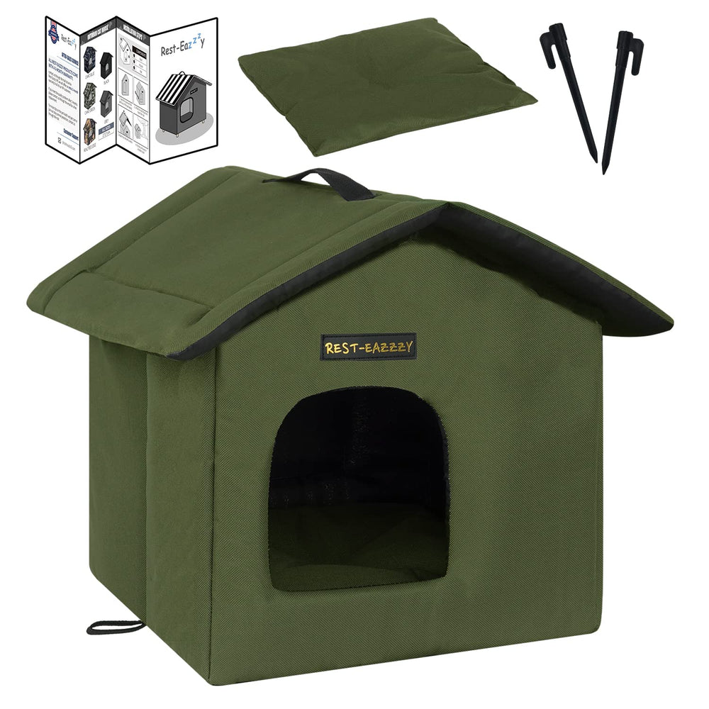 Rest-Eazzzy outdoor cat house olive-green weatherproof shelter for feral cats.