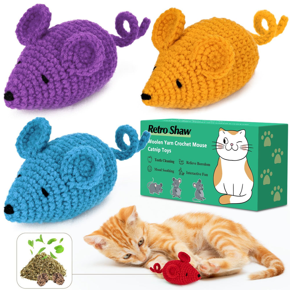 Retro Shaw catnip toy crochet mice in assorted colors for engaging indoor play