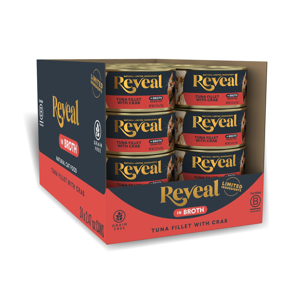 Reveal tuna with crab in broth cans shows high-protein feline meal.