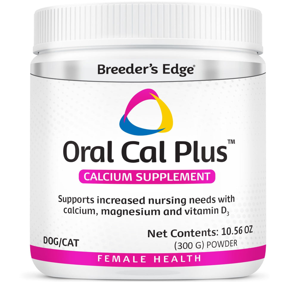 Breeder’s Edge Oral Cal Plus Powder bottle showing calcium support for nursing pets.