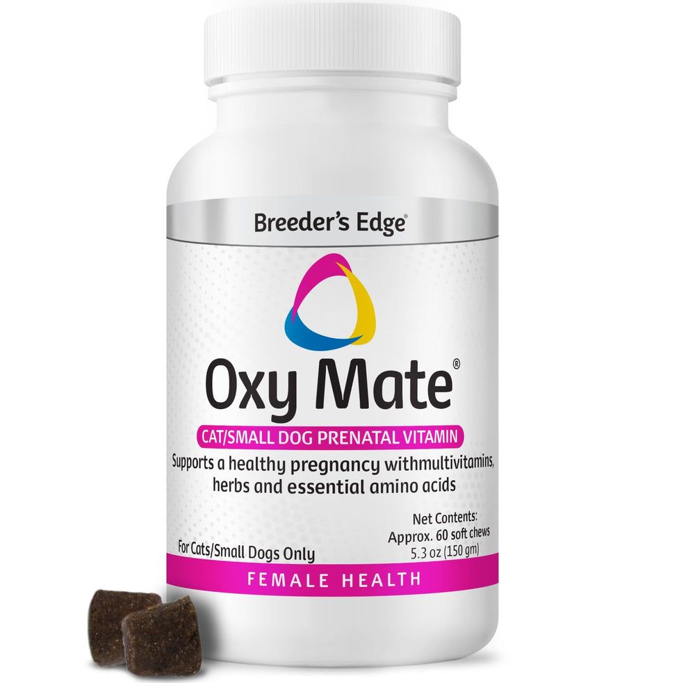 Revival Breeder's Edge Oxy Mate bottle close-up for prenatal nutrition and pet wellness.