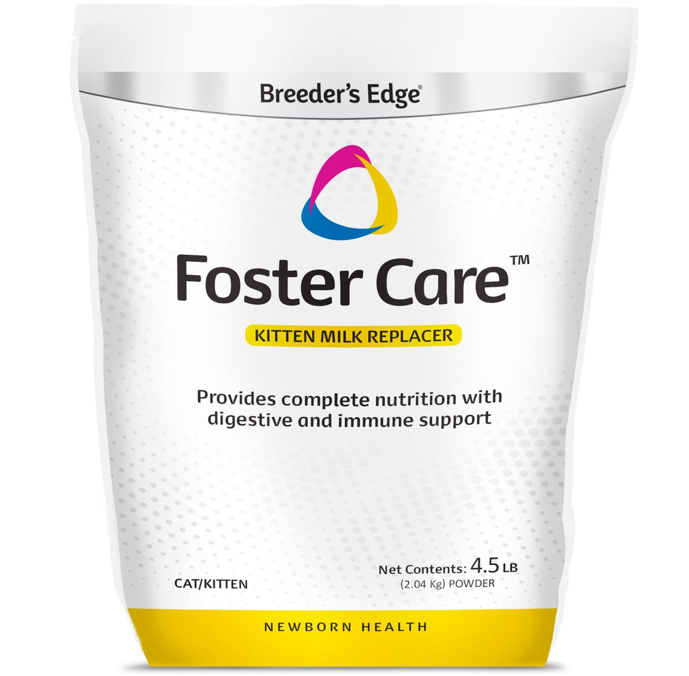 Breeder's Edge Foster Care Feline packaging highlights complete kitten nutrition.