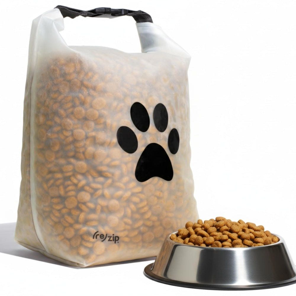 (re)zip large roll-top bag closure close shows secure seal for fresh kibble on the go.