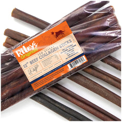 Riley's 12-inch beef collagen stick dog treat for long-lasting chewing and mental engagement.