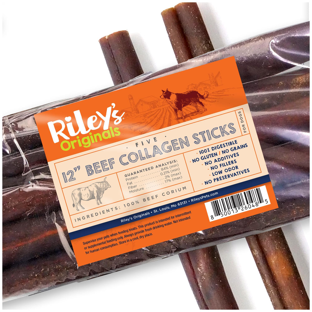 Riley's 12-inch beef collagen sticks pack front, a long-lasting chew option for dogs.