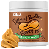 Riley's Calming Peanut Butter jar shows a smooth texture for a comforting dog treat.