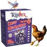 Rinlex dried mealworms 10lbs packaging shown as a protein-rich poultry snack