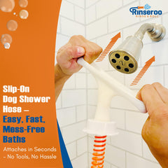 Rinseroo 6ft hose provides easy reach for comfortable pet rinsing