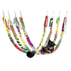 RIOUSSI hanging sugar glider rope toy in soft coral fleece for enrichment and climbing.