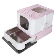 RIZZARI stainless steel cat box lid demonstrates privacy and odor containment for multi-cat homes.