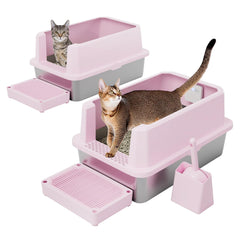 RIZZARI stainless-steel litter box with pink open top provides spacious, stress-free cat access.