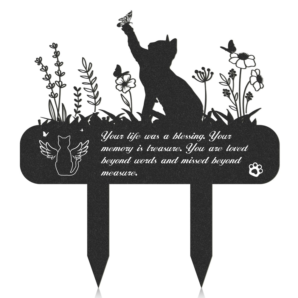 Rngmsi cat memorial plate metal tombstone showcases a lasting tribute in garden.