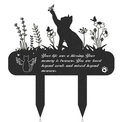 Rngmsi cat memorial plate metal tombstone showcases a lasting tribute in garden.