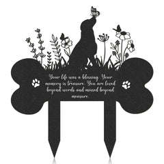 Rngmsi pet grave marker bone shape with grass flowers and butterflies for memorial garden.