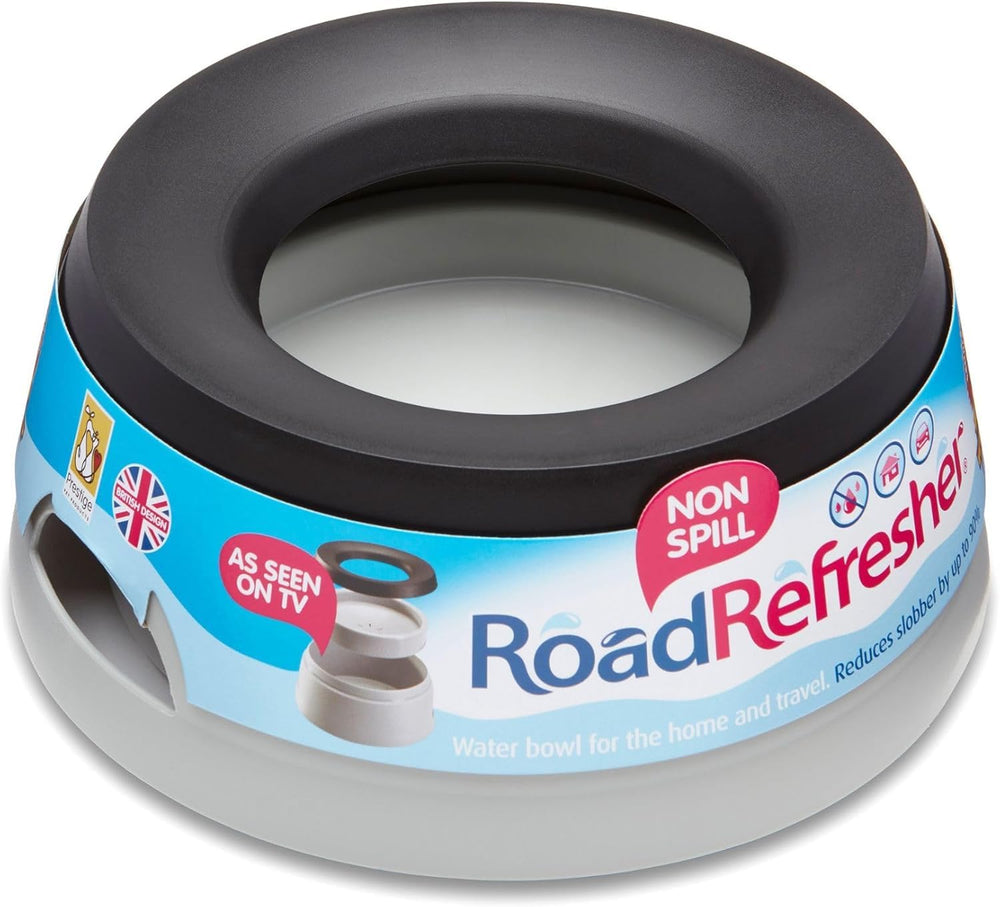 Road Refresher no-spill bowl with floating plate demonstrating spill-free hydration for dogs on the go.