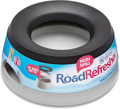 Road Refresher no-spill bowl with floating plate demonstrating spill-free hydration for dogs on the go.