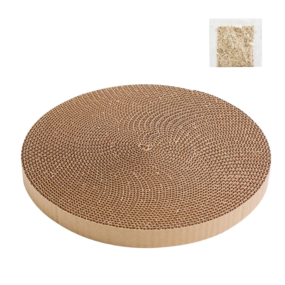 Roadtofree round cat scratcher pad front view showing circular design and natural, eco-friendly cardboard texture.