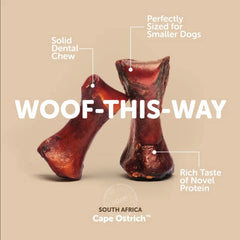 ROAM ostrich dog chew pack image demonstrates easy serving and mess-free chew sessions