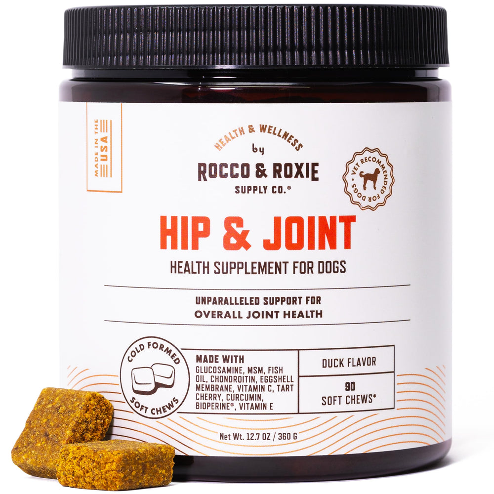 Rocco & Roxie glucosamine hip joint dog supplement bottle supports mobility.