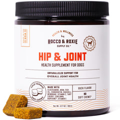 Rocco & Roxie glucosamine hip joint dog supplement bottle supports mobility.