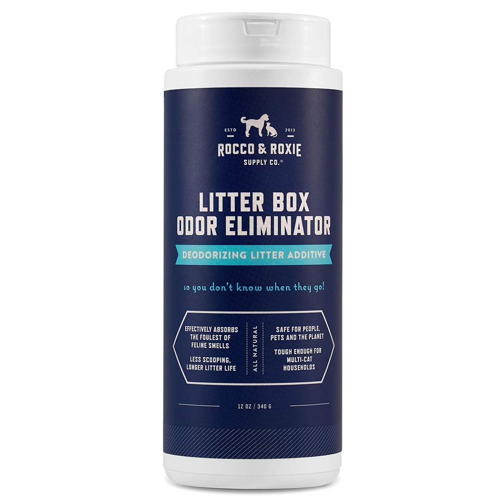 Rocco & Roxie Litter Box Odor Eliminator bottle reducing litter odors at the source.