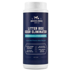 Rocco & Roxie Litter Box Odor Eliminator bottle reducing litter odors at the source.