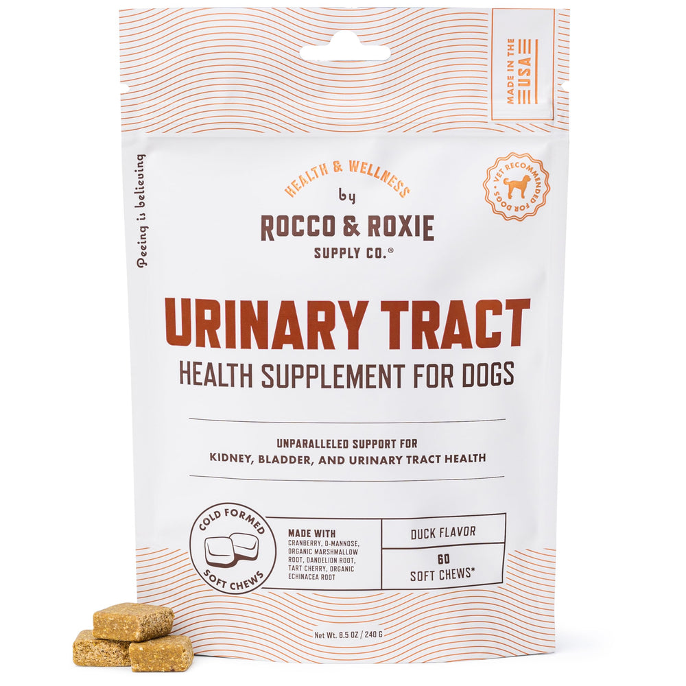 Rocco & Roxie UTI treatment packaging shows 60-count duck-flavored chews for urinary support.