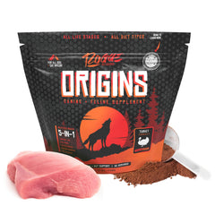 Rogue Pet Science Origins 5-in-1 powder topper in bowl supports digestion and coat health