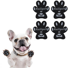 Roilpet dog paw protector on floor demonstrates improved traction on slippery hardwood.