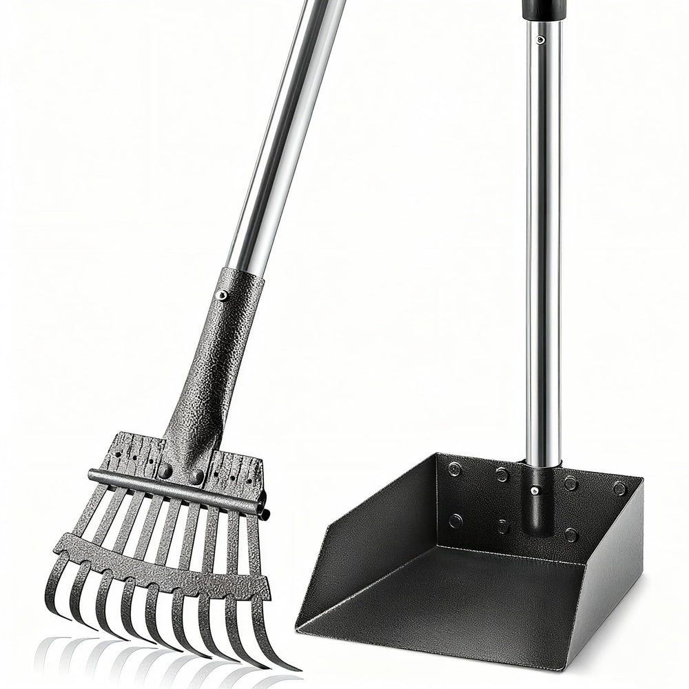 ROIUBPO pooper scooper with stainless tray and long handle for easy waste pickup.