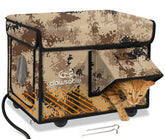 Rolimate desert camouflage heated cat house; front view shows weatherproof warmth for outdoor cats.