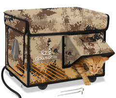 Rolimate desert camouflage heated cat house; front view shows weatherproof warmth for outdoor cats.