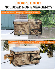 Rolimate desert camouflage heated cat house; side view shows rugged exterior design.