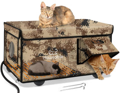 Rolimate indestructible heated cat house in desert camouflage exterior provides reliable winter shelter.